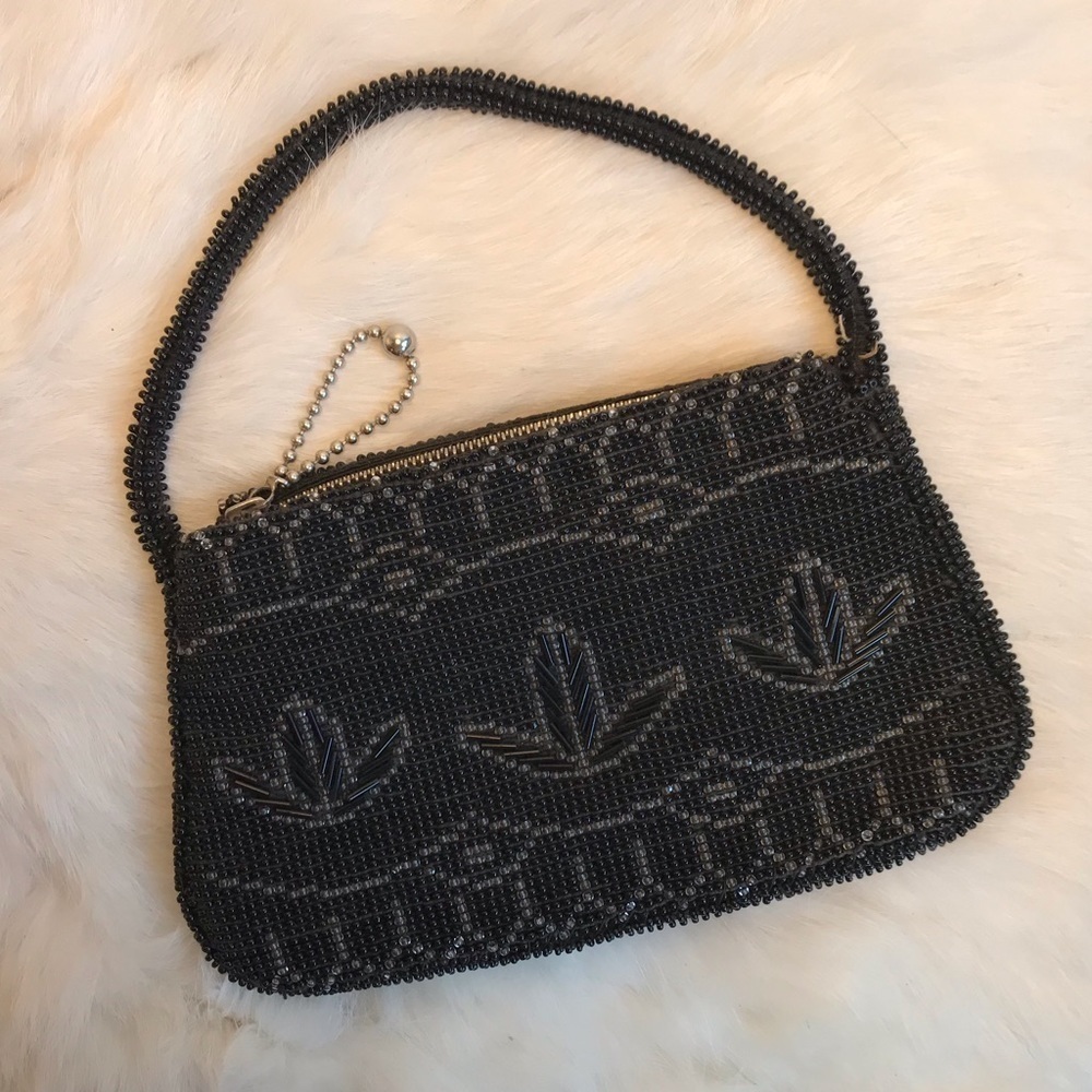Vintage Micro Beaded Clutch Cocktail Bag Black - Picture 2 of 6
